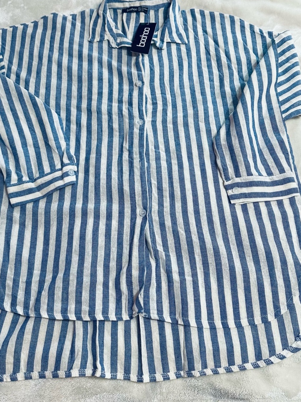 Boohoo Blue & White Striped Button-Up Blouse